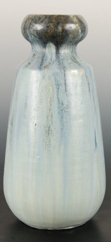 10 INCH ART POTTERY VASE, ATTRIBUTED VOLKMAR, DURANT: A wheel thrown vase with mottled drip glaze. Illegible scratched mark and impressed date of 1908.