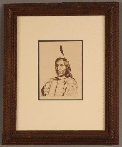 LYMAN BYXBE PENCIL SIGNED ETCHING 'RED CLOUD' TRAMP ART: Lyman Byxbe (1886-1980). Red Cloud portrait, signed lower right. In tramp art frame.