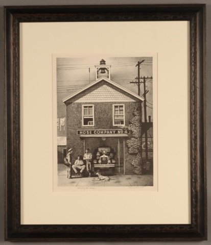 STEVAN DOHANOS (1907-1994) PENCIL SIGNED LITHOGRAPH: Titled 'Shooting the Breeze' lower left, signed lower right. 13 x 9-3/4 inch image field, 23-3/4 x 20-1/2 inch frame.