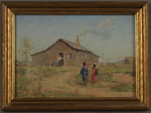 EDGAR SPIER CAMERON (1862-1944) OIL 'HOW, KOLA': National Art Week tag affixed to reverse with 'Edgar S. Cameron, 10 East Ohio, How, Kola (friend), oil.' 6-1/2 x 9-1/2 inch sight size, 8-1/2 x 11-1/2 inch frame. Unsigned.