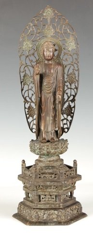 EDO PERIOD BRONZE FIGURE OF AMIDA BUDDHA: Figure of Buddha on six-sided base with lotus and filligree halo. Measures 16 x 6 inches.