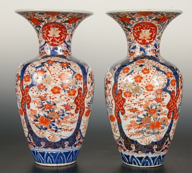 PAIR MEIJI PERIOD IMARI WARE VASES WITH FLARED RIM: A handsome pair, each measures 12.5 high and 6.5 inches diameter.