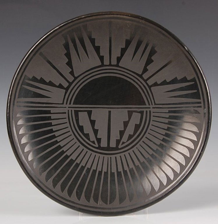 SAN ILDEFONSO BLACK ON BLACK PLATE SIGNED BLUE CORN: Signed on the base, measures 9 inches diameter. Excellent.