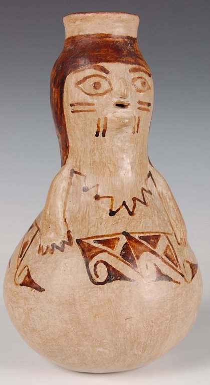 MARICOPA FIGURAL POTTERY BOTTLE: Measures 9.5 x 5 inches. Signature on the base.