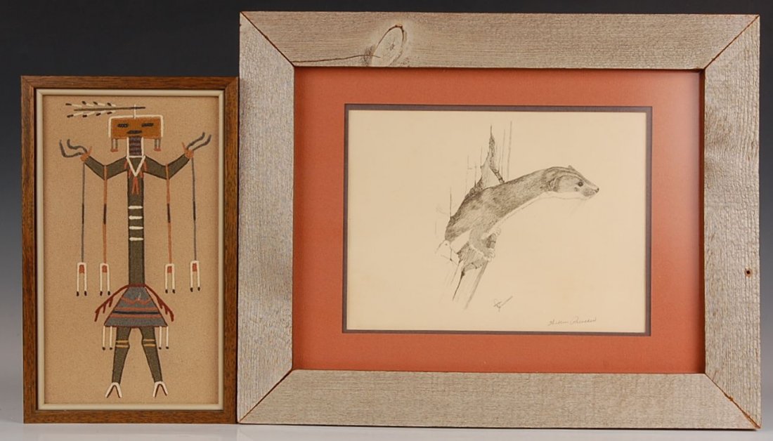 CECIL YAZZIE SAND PAINTING: Frames measure 15.75 x 20 and 13.25 x 8 inches. Images measure 8.25 x 11.25 and 11.5 x 6.5 inches.