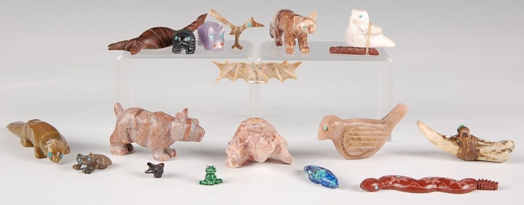 GROUP OF ZUNI, OBSIDIAN & OTHER FETISHES: Variety of animals and figures and bone, mineral, etc. Some with signatures. Sizes range from 3.25 inches down to .25 inches.