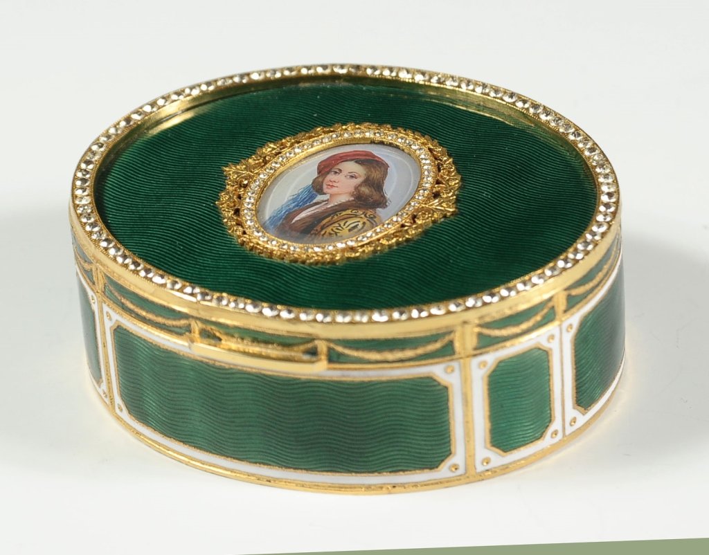 TWO 20TH C. ITALINA ENAMEL BOXES: One set with brilliants, each has a hand painted portrait. The larger oval measures 1.25 x 3.5 x 3 inches and the smaller measures .75 x 3 inches.
