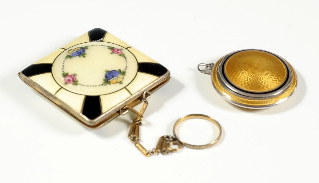 GUILLOCHE ENAMEL COMPACTS INCLUDING FRENCH SILVER: The circular example with French hallmarks and the other signed LaMode. The square compact measures 2.25 x 2.25 inches without chain. Round compact without chain measures 1.75 inches in diameter.