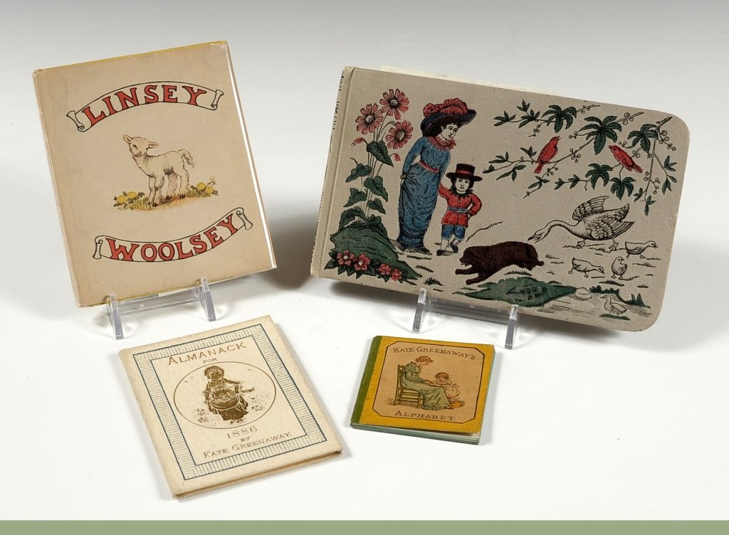 THREE KATE GREENAWAY ITEMS WITH TASHA TUDOR: Small first edition Kate Greenaway alphabet book, 1884, plus 1886 Kate Greenaway almanac, plus an unsigned autograph book from the 19th century with Kate Greenaway type children illustrations (unsigne