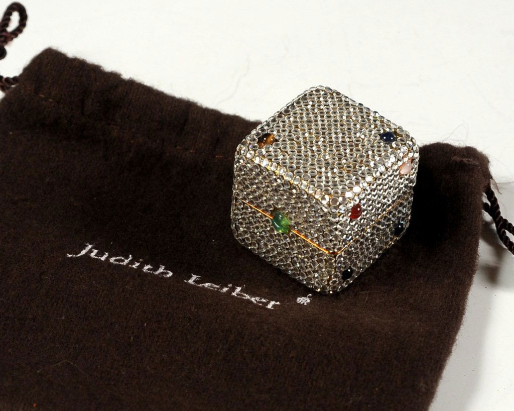 JUDITH LEIBER AUSTRIAN CRYSTAL ENCRUSTED DICE PILLBOX: With the original box and cloth bag.