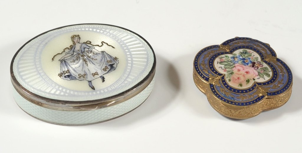 TWO FINE ENAMEL BOXES INCLUDING GUILLOCHE STERLING: A nice four-sided Ormolu box enameled on both sides, along with an unusual oval-shape sterling silver box with mirror inside and gilded finish. The outside of Guilloche enamel with the image of a girl