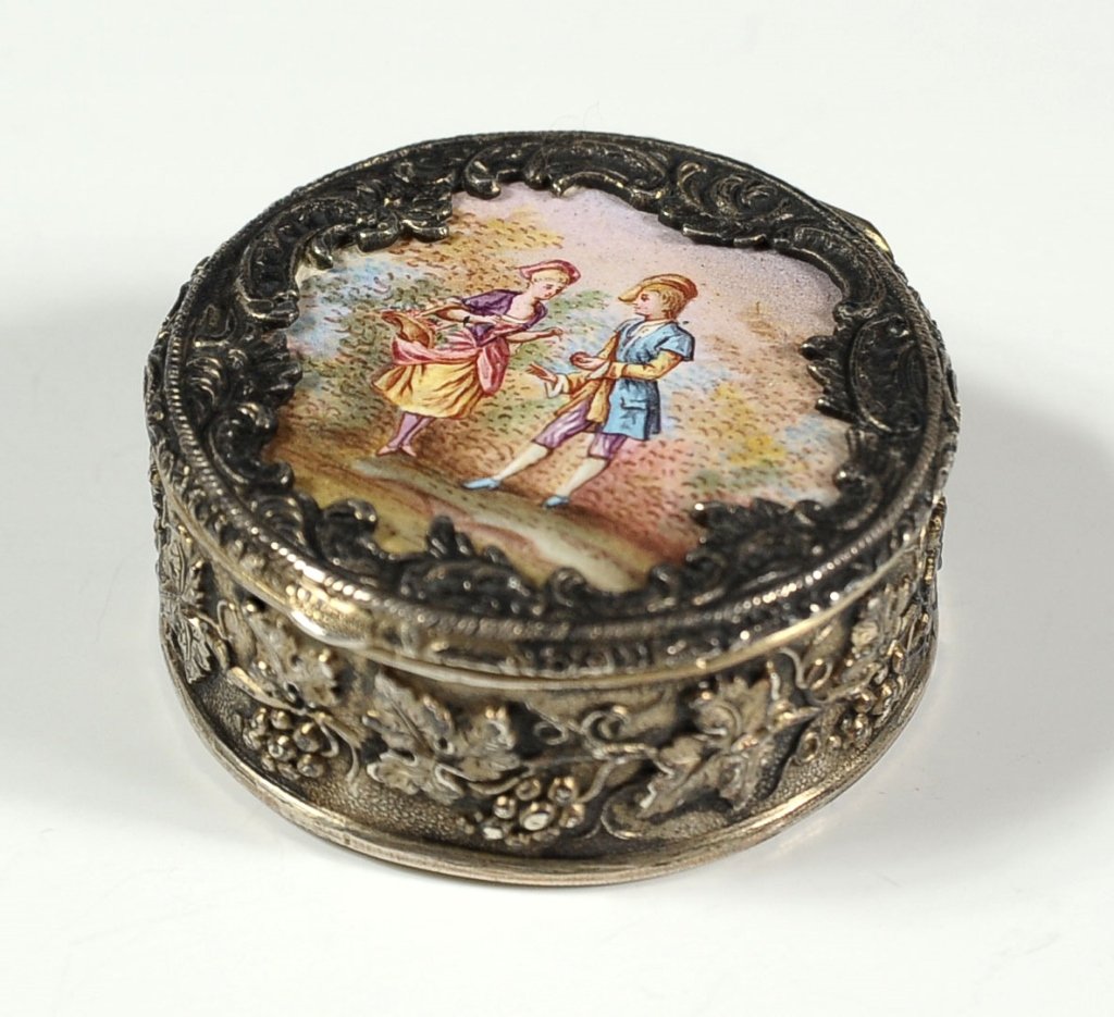 VIENNESE ENAMEL AND SILVER BOX ATTRIBUTED POLLITZER: Signed with hallmark of LP, presumably the mark of Ludwig Pollitzer. A nice rococco style silver box with enamel plaque inside the lid with decoration both top and bottom, inside and out. Measures .75