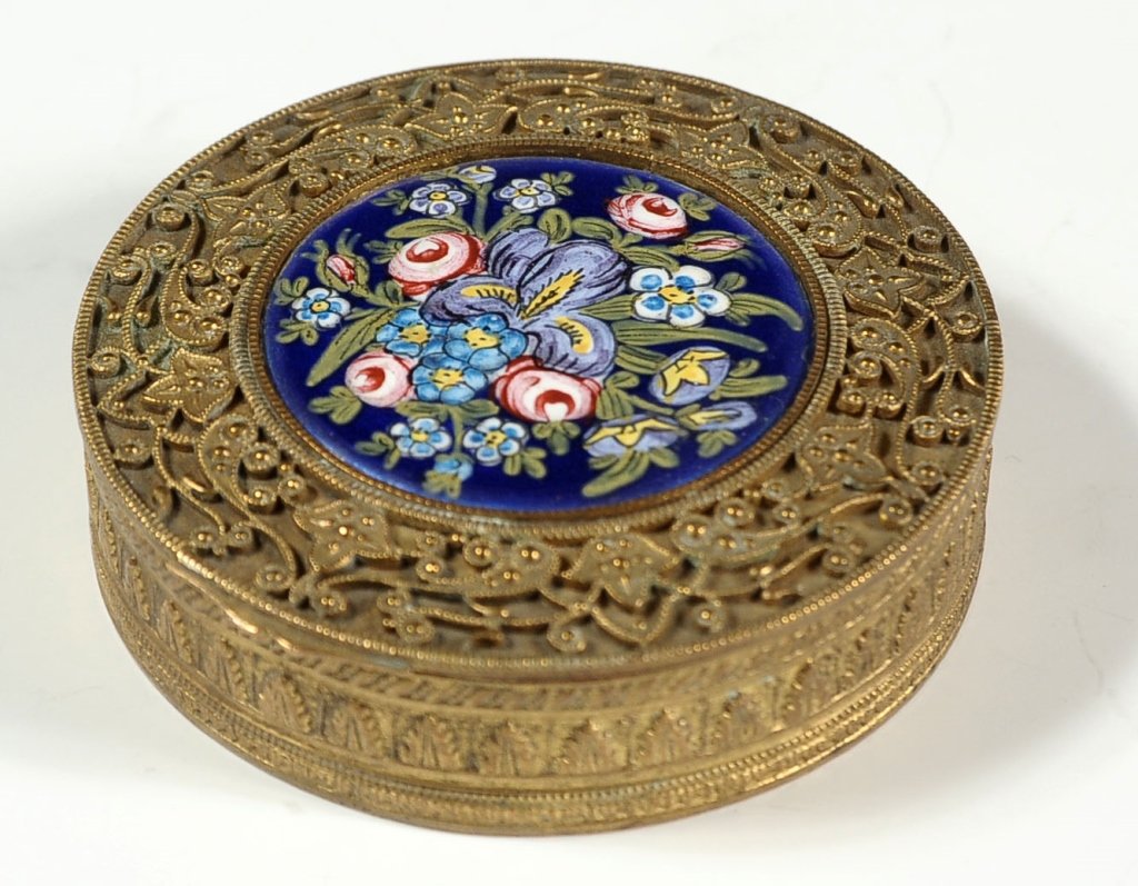 FRENCH ORMOLU BOX WITH ENAMEL ON COPPER: Measures .75 x 2.5 inches in diameter.