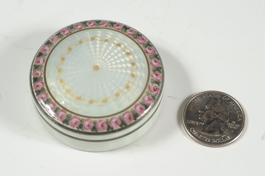 NICE GUILLOCHE ENAMELED STERLING SILVER BOX: Nicely done work on sterling marked Germany .935 . Measures .75 x 2 inches in diameter.