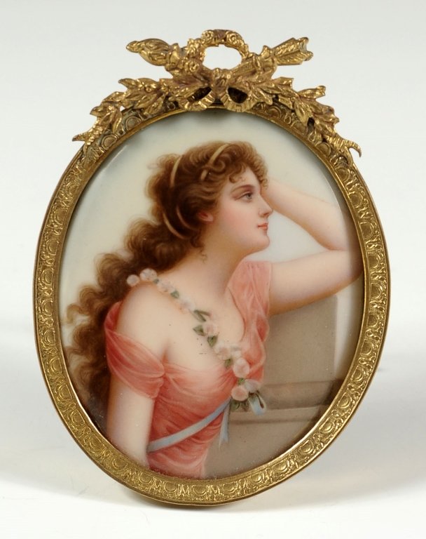 NICE EXCEPTIONAL QUALITY HAND PAINTED PORCELAIN: Unsigned painted plaque in ormolu frame. Image measures approximately 3 x 2.5 inches, and including frame measures 4 x 3 inches overall.