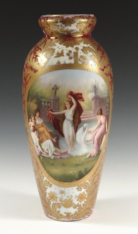 19 INCH BEEHIVE MARK PORCELAIN VASE SIGNED ROSLER: Hand painted porcelain with raised gold enamels and a scene of classical maidens near swan and pool. Fully hand painted scene with the exception of a few figure outlines in red. The base is marked wit