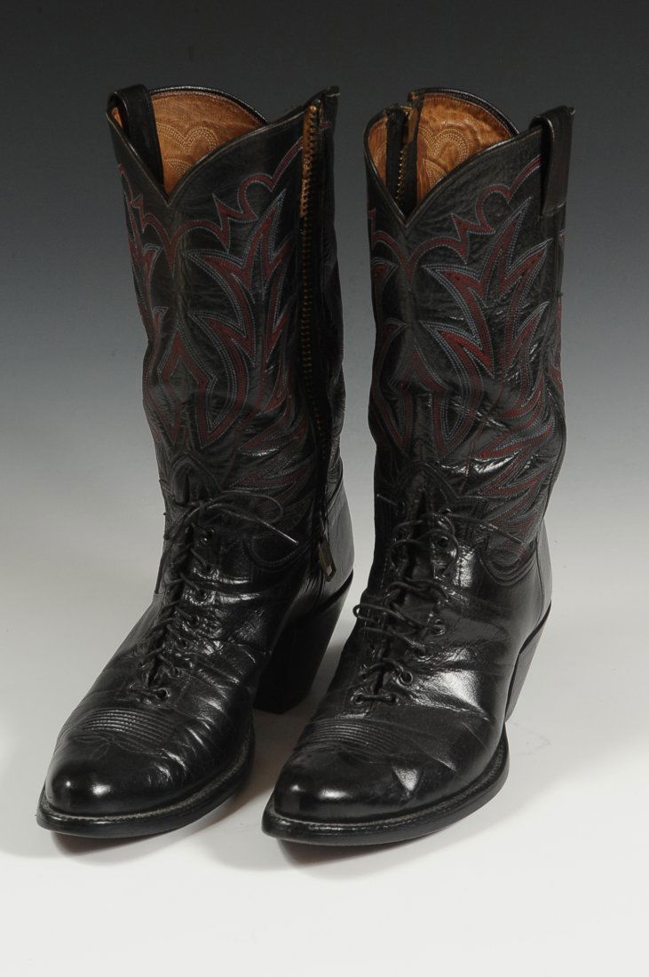 UNUSUAL VINTAGE LACE AND ZIP COWBOY BOOTS: Small to medium size ladies cowboy boots with side zipper stitched decoration upper and lace up lowers. Exact size is unknown. Boots measure approximately 13.5 x 11 x 4 inches.