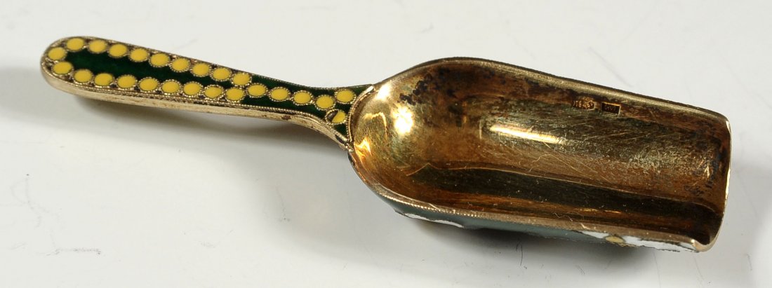 RUSSIAN GILDED SILVER MINIATURE SCOOP WITH CHAMPLEVE: Stamped hallmarks including the Soviet star and '916' with an unidentified Cyrillic mark. Measures 3-5/8 inches,.