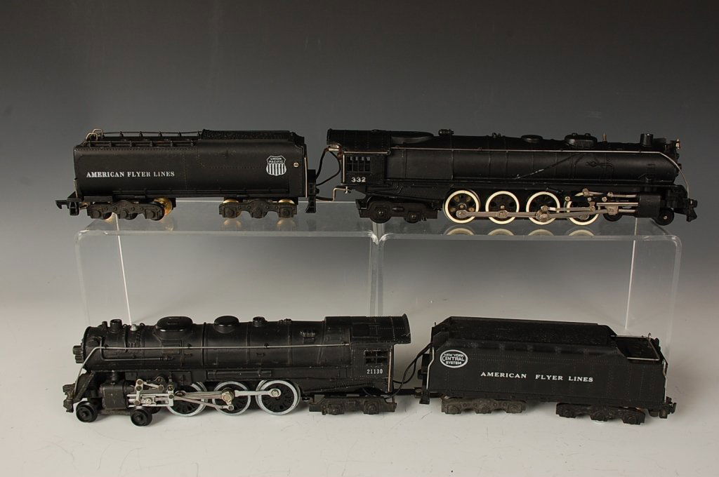AMERICAN FLYER LOCOMOTIVES 332, 21130: Post-war S gauge, includes NY Central 21130, Union Pacific 332. Show cosmetic wear, age, and use; unknown working condition, appear average.