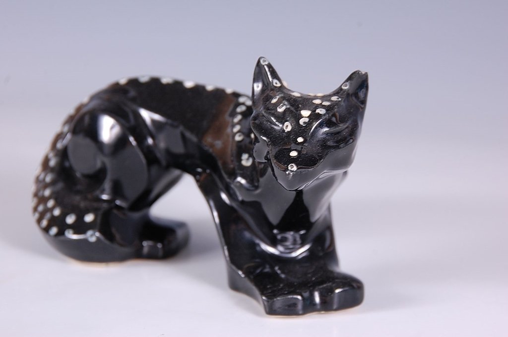 RARE CERAMIC ARTS STUDIO #469 FOX IN BLACK & WHITE: Art Deco fox marked '#469 Fox' in black with white dots, measures 3.125 x 6.25 inches.
