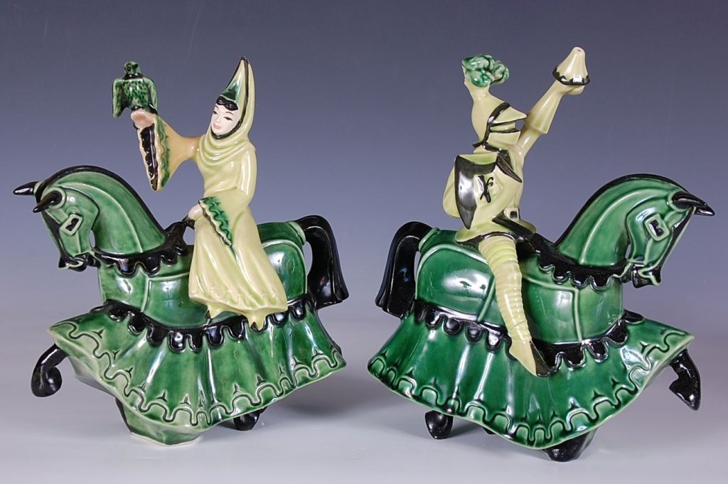 CERAMIC ARTS STUDIO ST. GEORGE & ROWENA ON CHARGERS: In chartreuse and green glaze. Measure 8.5 and 8.25 inches.
