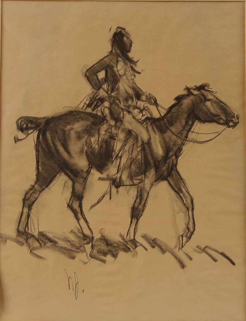 NED JACOB (BORN 1938) CHARCOAL ON PAPER OF NATIVE: Signed lower left. Image measures 17 x 13 inches, and including the frame measures 24 x 19.75 inches overall.