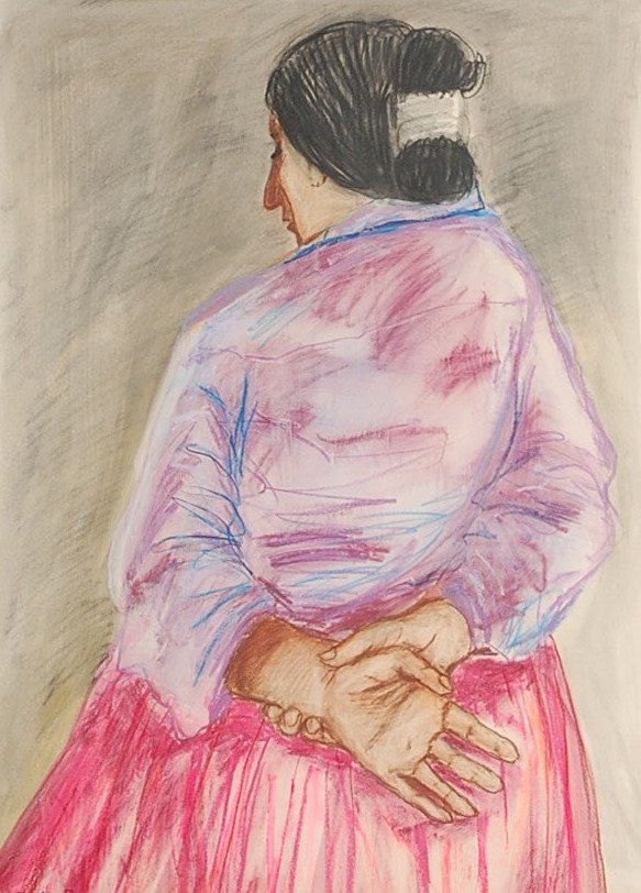 R.C. GORMAN (1932-2005) CHARCOAL AND PASTEL ON PAPER: Charcoal and pastel crayon on paper, signed lower right. Image measures 26.5 x 20.75 inches, and including frame measures 32.5 x 26.5 inches overall.