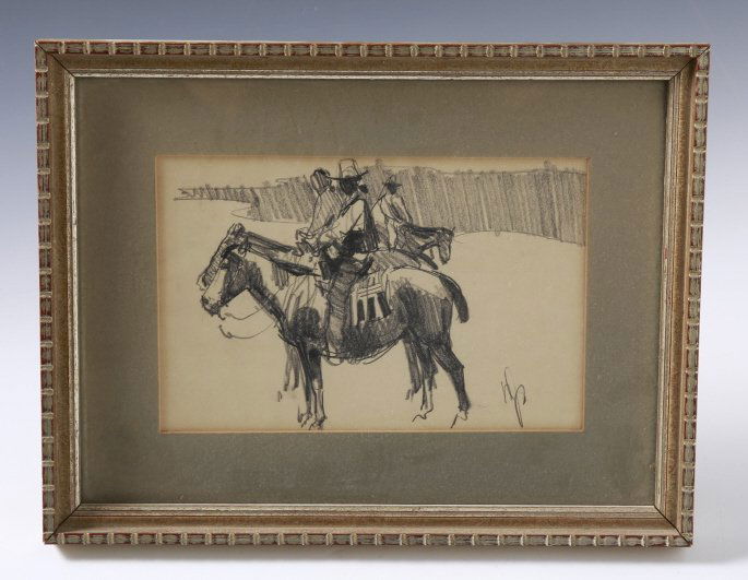 NED JACOB (BORN 1938) GRAPHITE ON PAPER: Signed with initials in the lower right corner, a depiction of three Indians on horseback. Image measures 5.5 x 8.5 inches, frame measures 10.25 x 13 inches.