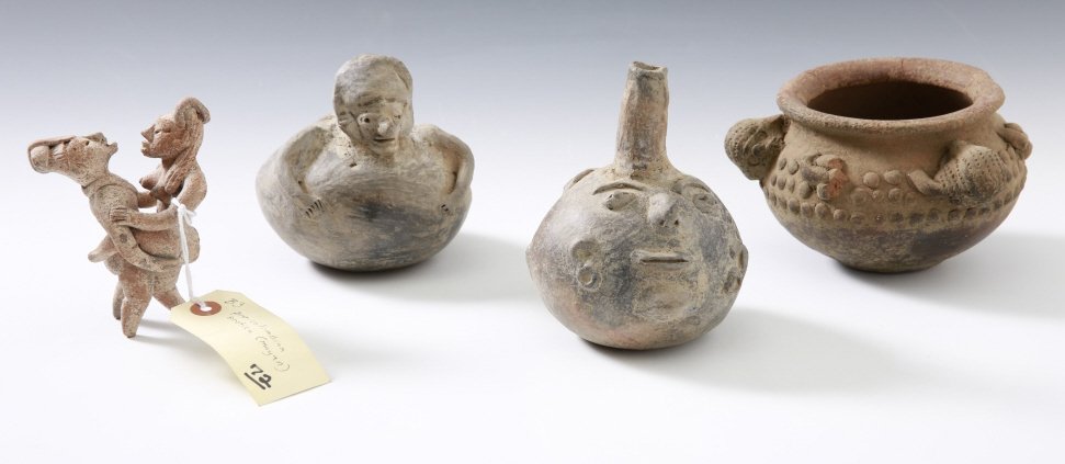 PRE-COLOMBIAN STYLE EFFIGY POTTERY, 4 PIECES: Four objects ranging in size from 4 x 5 down to 5 inches long. The exact age is not known.