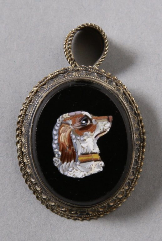 GOOD VICTORIAN MICROMOSAIC WITH DOG: In silver bezel. Measures approximately 1.5 x 1.25 inches.