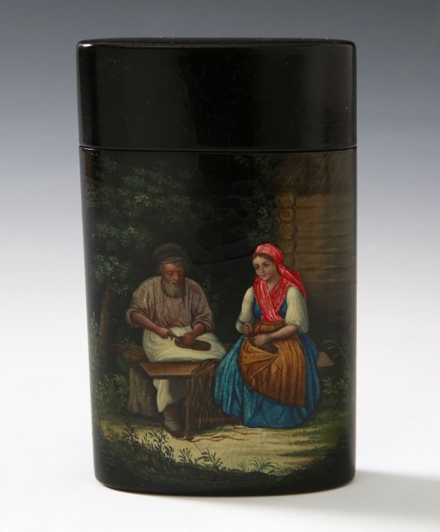 LATE 19TH C. RUSSIAN LACQUER CIGAR CASE: With the double-headed eagle mark inside the cover attributed Piotr V. Lukutin. Circa 1900. Measures 4.25 x 2.75 inches.