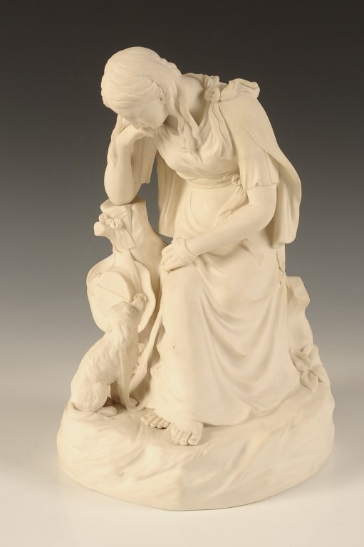 SIGNED WEDGWOOD PARIAN MAIDEN WITH DOG: Mid 19th century, impressed block letter WEDGWOOD signature, measures 11.75 x 6.75 inches.
