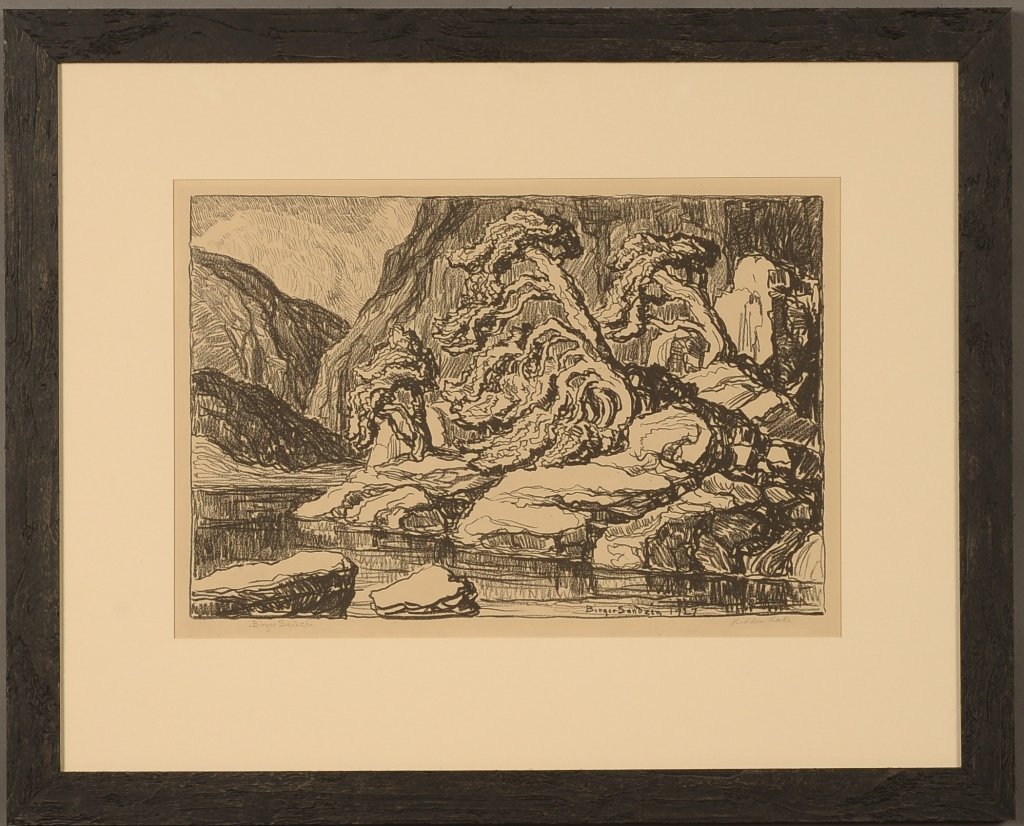 BIRGER SANDZEN (1871-1954) PENCIL SIGNED LITHO 'Hidden: Titled 'Hidden Lake' lower right, and pencil signed lower left. 12 x 18 inch image field, 23 x 28.5 inch frame. Acid free matting and mounts.