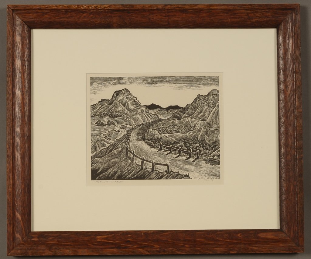 INA ANNETTE (1901-1990) SIGNED BLOCK PRINT 'THE ROAD: Titled 'The Road Home' and edition numbered 23/200 lower left, signed and dated '45 lower right. Oklahoma artist and a pupil of Birger Sandzen. Measures 6.75 x 8.5 inch image field, 16.5 x 19.25 inch 