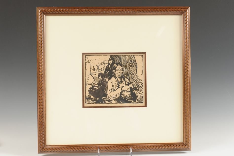 DANIEL MACMORRIS (1893-1981) PENCIL SIGNED BLOCK PRINT: Printed signature lower right. 5-1/2 x 6-5/8 inch image field, 16-3/4 x 17-3/4 inches. Archivally matted and framed.