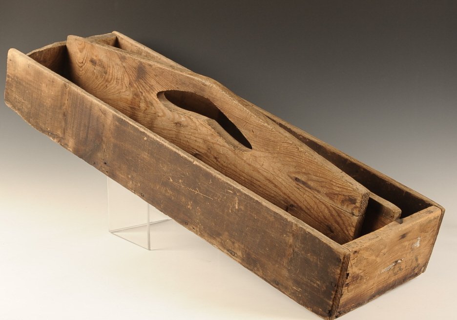 CIRCA 1900 WOOD TOOL BOX WITH WAINSCOTING: With good old original surface. Measures 8 x 33.25 x 11.25 inches.