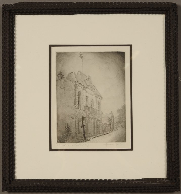 LYMAN BYXBE (1886-1980) ETCHING 'OPERA HOUSE - CENTRAL: A pencil signed etching titled 'Opera House - Central City' lower left, signed lower right. Measures 7 x 5-1/8 inch image field, 14-1/4 x 13-1/4 inch tramp art frame. Archivally matted and framed.