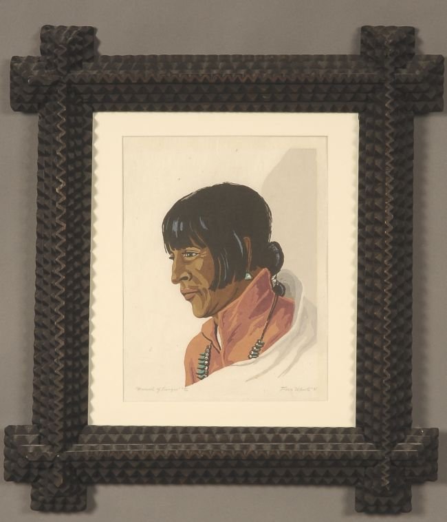 TREVA WHEETE (1890-1963) PENCIL SIGNED COLOR WOODBLOCK: Color woodblock print titled 'Manuel of Tesuque,' edition numbered 200/166 lower left corner, signed and dated '35 lower right. 9.75 x 6.5 inch image field, 20.5 x 18 inch tramp art frame. Archivally 