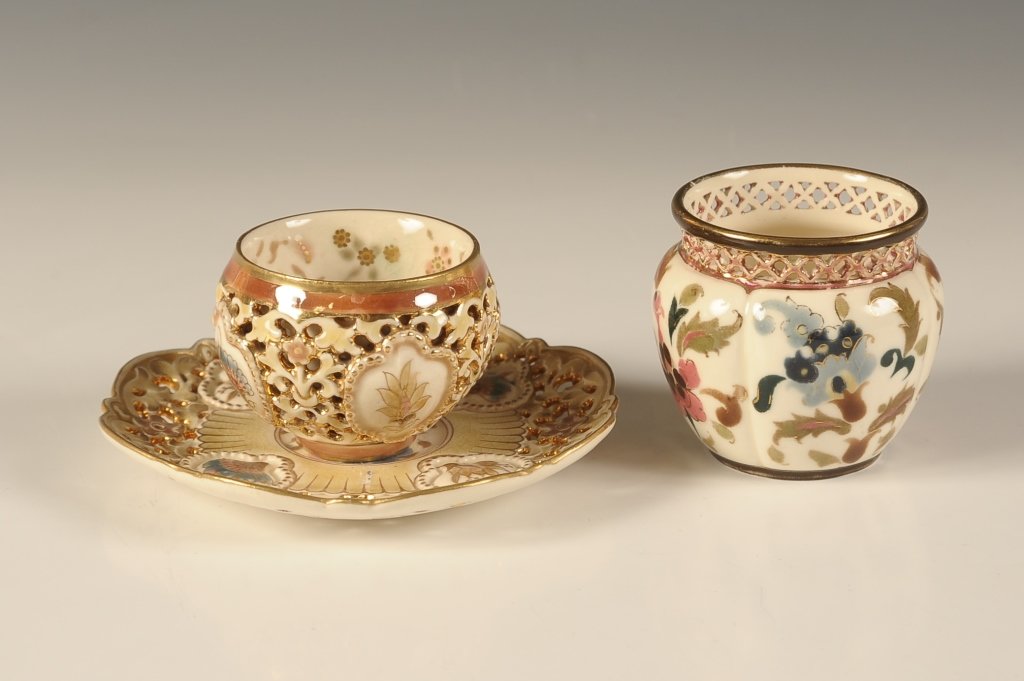 GROUP OF ZSOLNAY CERAMICS: Three pieces ranging in size from 2 x 2.25 inches in diameter up to 4.5 inches in diameter.