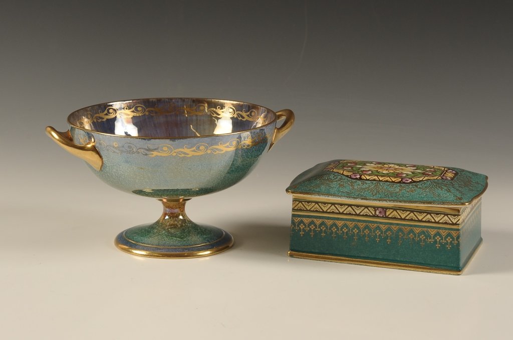 TWO PIECES EARLY 20TH C. MINTON LUSTRE AND OTHER: Two pieces with the compote that measures 3.75 x 7.5 inches including the handles, and the box measures 2.5 x 4.25 x 5.5 inches.