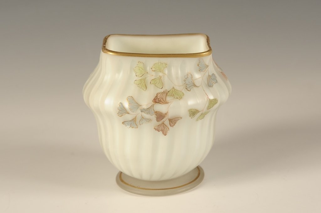 ENAMELED PEARL SATIN ONION VASE: Measures 3 x 3 inches, unsigned.