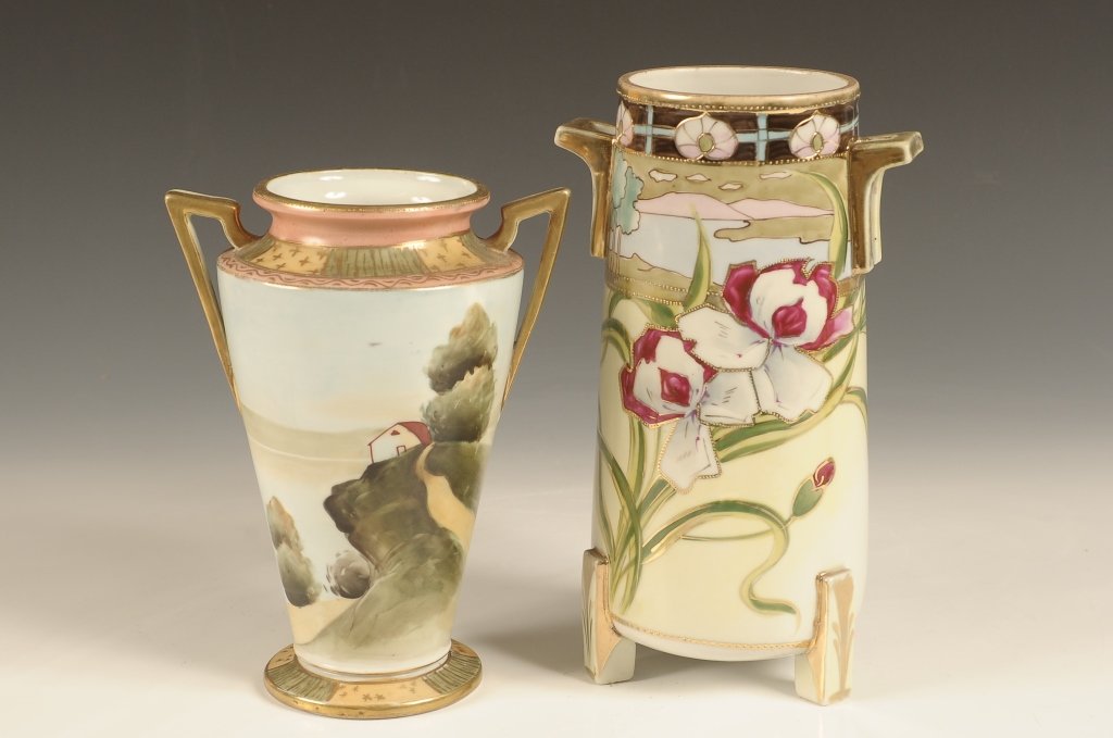 TWO NIPPON HAND PAINTED PORCELAIN VASES: Two pieces with the largest measuring 9 x 5.25 x 4.25 inches and the smaller measures 7.75 x 5.75 x 4.5 inches.