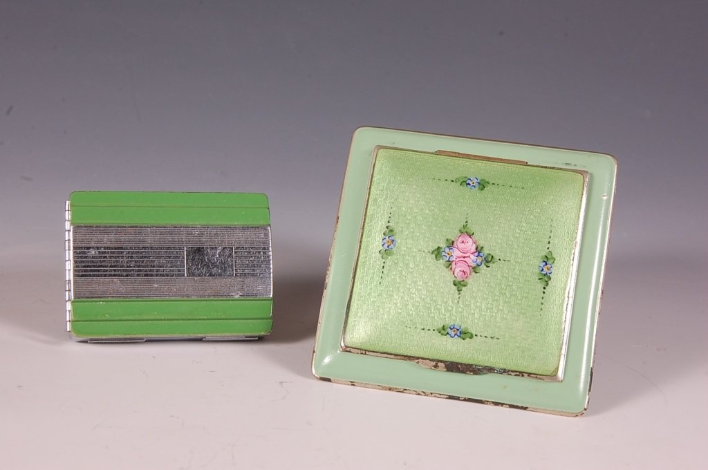 GREEN GUILLOCHE & PINAUD VANITY COMPACTS: Green enamel and guilloche with hand-painted roses vanity case, beveled mirror in the lid, base holds a powder well with a hinged lid and puff, hinged lipstick, and a divided well for rouge with a bra