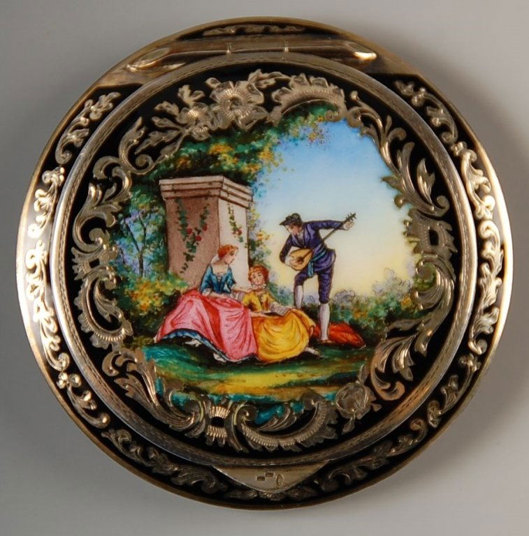 AUSTRIAN STERLING CHAMPLEVE COMPACT W PAINTED SCENE: Sterling compact with champlevÃ© enameling with a hand-painted courting scene on the lid, framed mirror in the lid, rotary sifter in the base, marked under the sifter, puff is present, Austria, meas