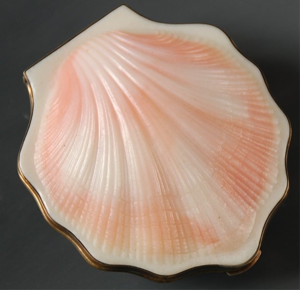 RUSSIAN SILVER SEASHELL COMPACT: Vintage pink and white seashell compact with gilded silver frame, hallmarks for St. Petersburg Russia and marked '875' by the inside latch, framed mirror in the lid, hinged cover over the powder well,