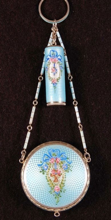 STERLING GUILLOCHE COMPACT W ENAMELED CHAIN & FOB: Blue guilloche on the compact and lipstick fob with a hand painted floral design on each, chain with enameled links and a guilloche enameled finger ring, compact holds a framed mirror in the lid and a