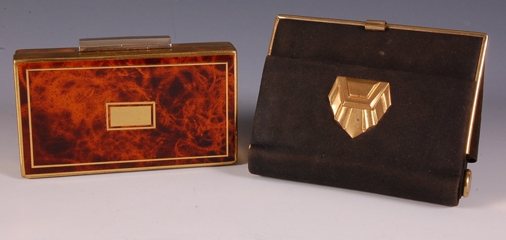 TWO MINIAUDIERES: Black fabric miniaudiÃ¨re with a goldtone frame, snap closure flap with a pocket, lipstick and a glass perfume vial with dauber in the hinge end, base holds a mirrored lid, rouge well with a puff an
