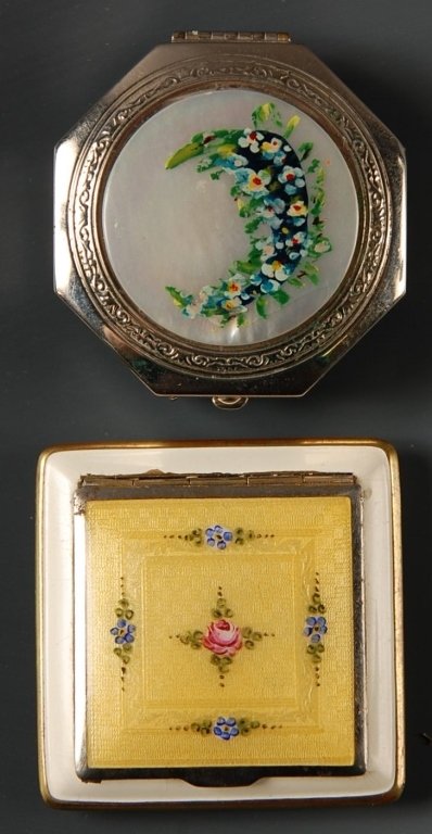 PAINTED MOTHER-OF-PEARL COMPACT & GUILLOCHE COMPACT: Silvertone mother-of-pearl duo compact with a hand-painted floral spray on the top, hinged framed mirror in the lid over a rouge well with pan and puff, powder well with rotary sifter and puff, unmark