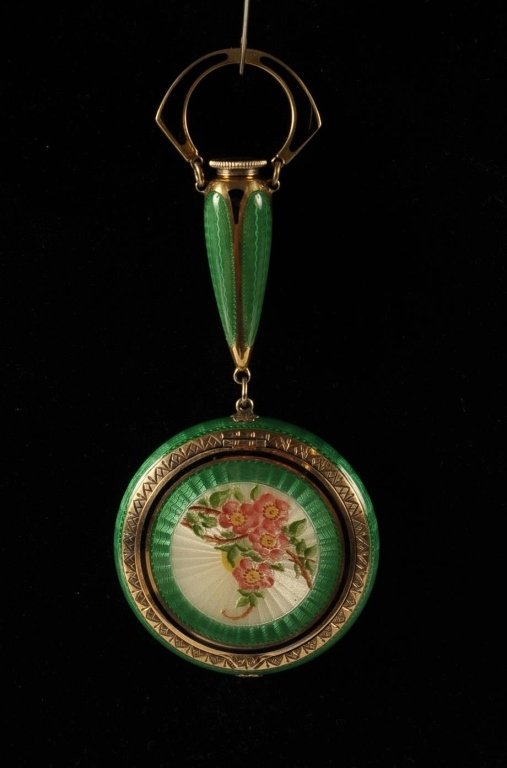 F&B STERLING GUILLOCHE COMPACT WITH PERFUME FOB: Foster and Bailey sterling guilloche compact with painted floral on top and enameled perfume fob with enameled finger ring, pop up side mirror, rouge well in the lid with partial pan, base holds powde