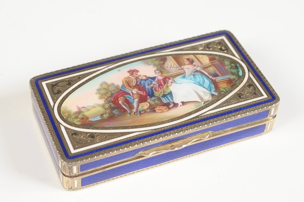 GERMAN STERLING HAND-PAINTED ENAMEL W GUILLOCHE: Chased sterling duo compact with a hand painted scene on top and blue guilloche enamel on all sides, framed mirror in the lid, base holds a removable frame with wells for powder and rouge, one well is
